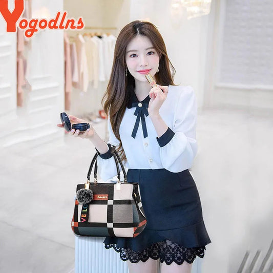 Plaid Patchwork Satchel Bag - Women's Luxury PU Leather Shoulder & Messenger Tote Handbags The