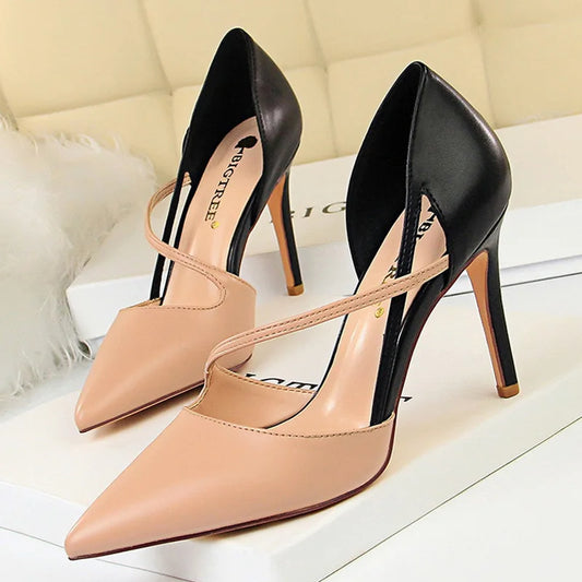 Pointed-Toe 9.5CM Stiletto Pumps - Women's Fashion Dress Heels in black and nude colors.