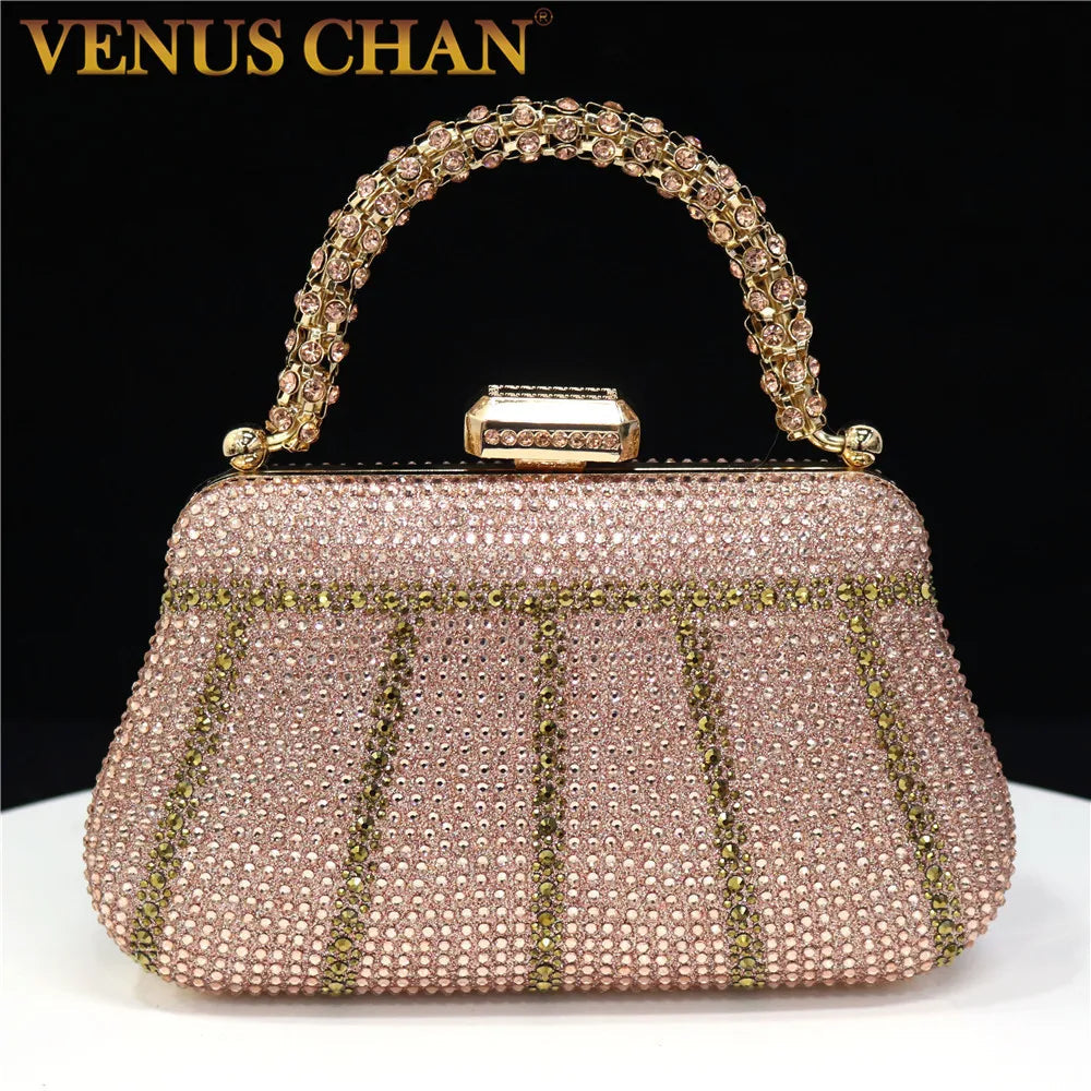 Diamond Minaudiere Clutch - Women's Rhinestone Evening Bag with Chain Strap Handbags The