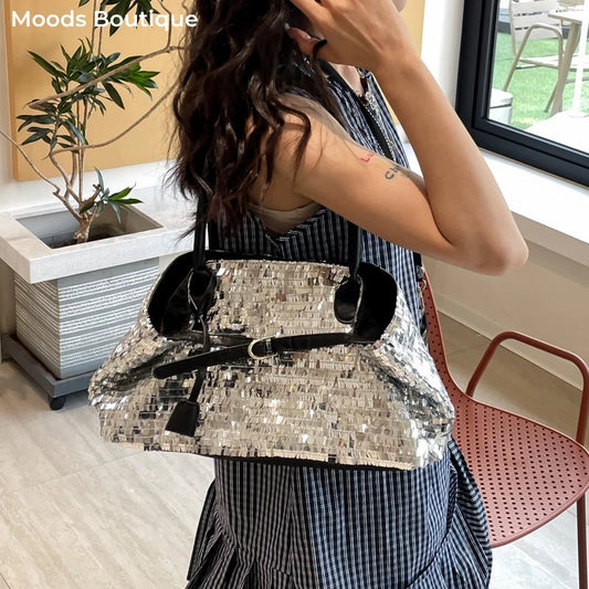 Sequined Underarm Evening Tote - Women's Shiny Party Shoulder Bag Handbags The