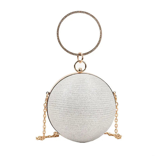 Metallic Round Evening Bag - Women's Ring Handle Wedding Clutch Handbags The
