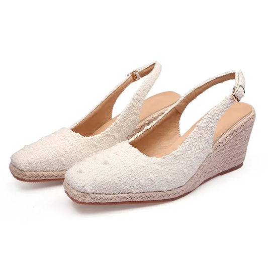 Square-Toe Espadrille Wedge Sandals - Women's Platform Heels in cream color with slingback design.