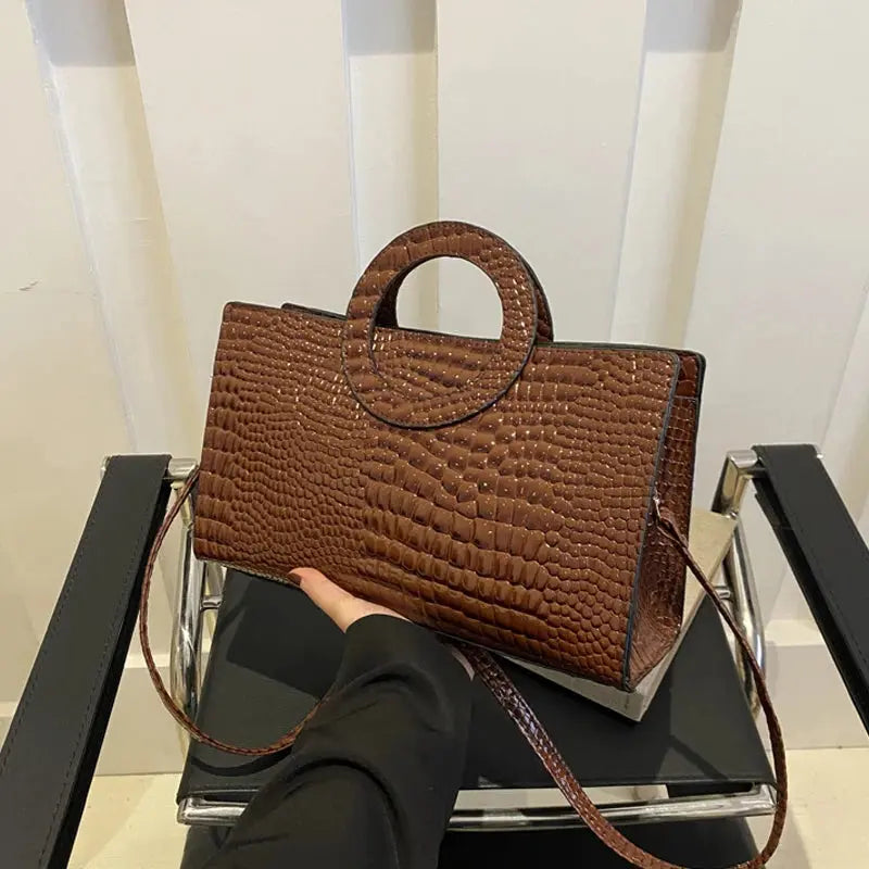 Crocodile-Pattern Square Satchel Bag - Women's PU Leather Shoulder & Messenger Handbag Handbags The