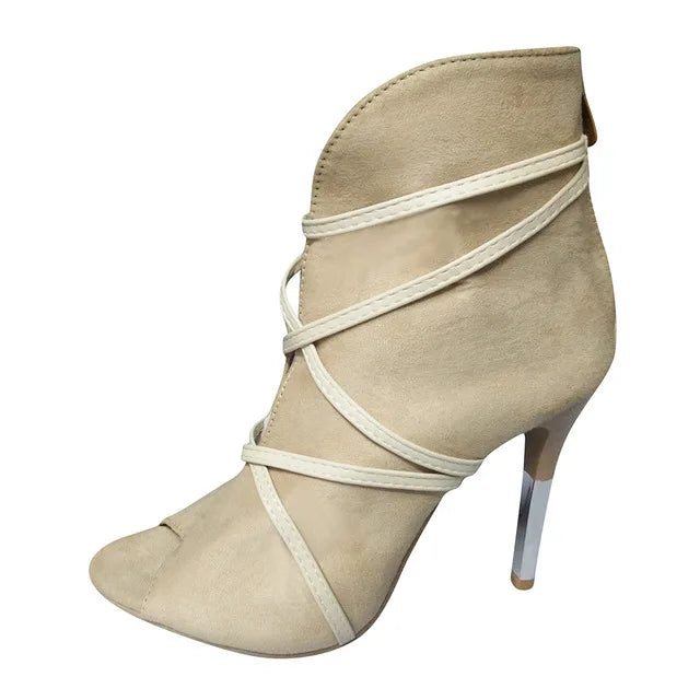 Open-Toe Lace-Up Ankle Heel Boots - Women's Dress Shoes for Weddings in navy faux suede with high heel design.