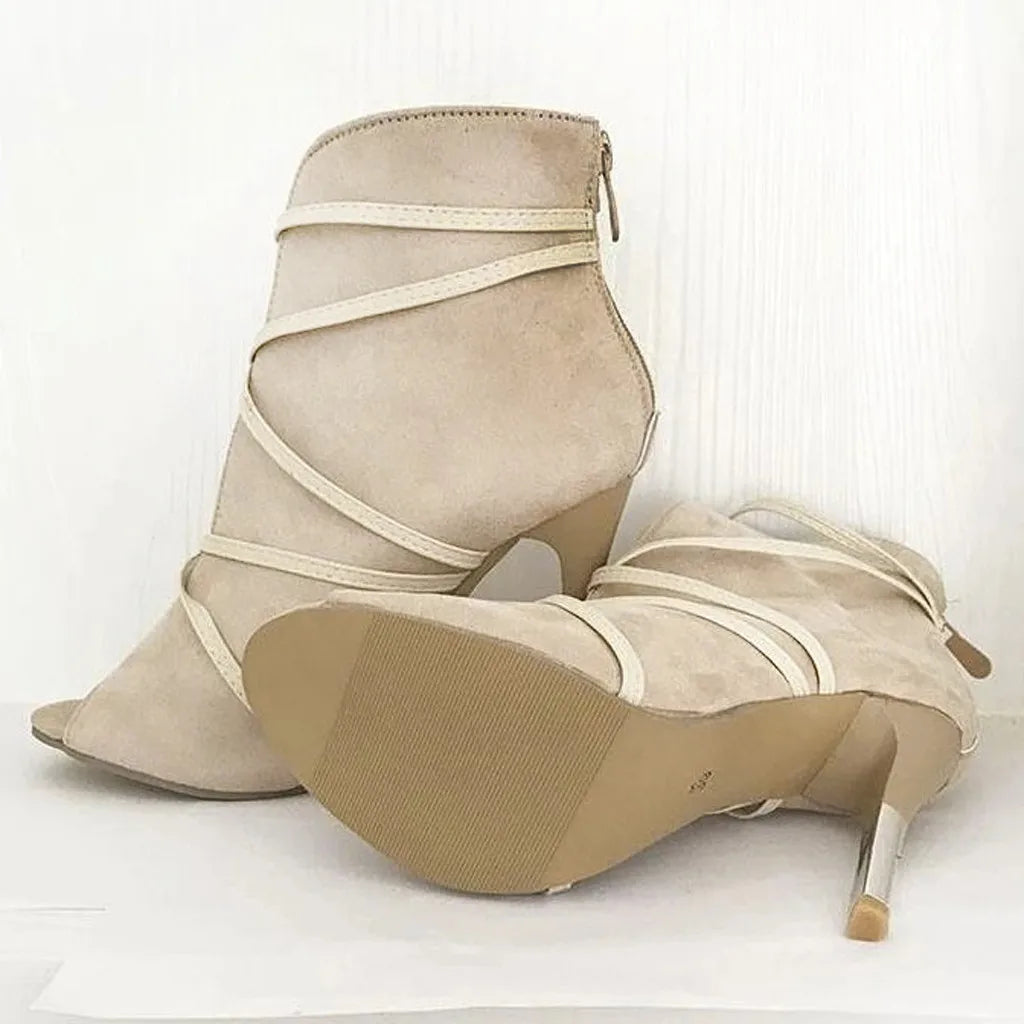 Open-Toe Lace-Up Ankle Heel Boots - Women's Dress Shoes for Weddings in navy faux suede with high heel design.