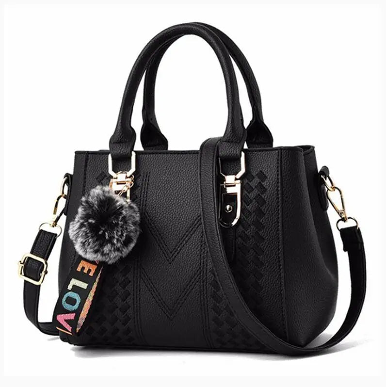 Embroidered Satchel Handbag - Women's PU Leather Messenger Bag with Pom Charm Handbags The