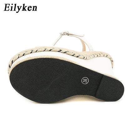White Platform Wedge Sandals - Women's Open-Toe Dress Shoes, stylish white sandals with braided details and high platform.