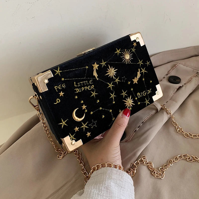 Embroidered Box Clutch Bag - Women's Chain Crossbody Evening Purse Handbags The