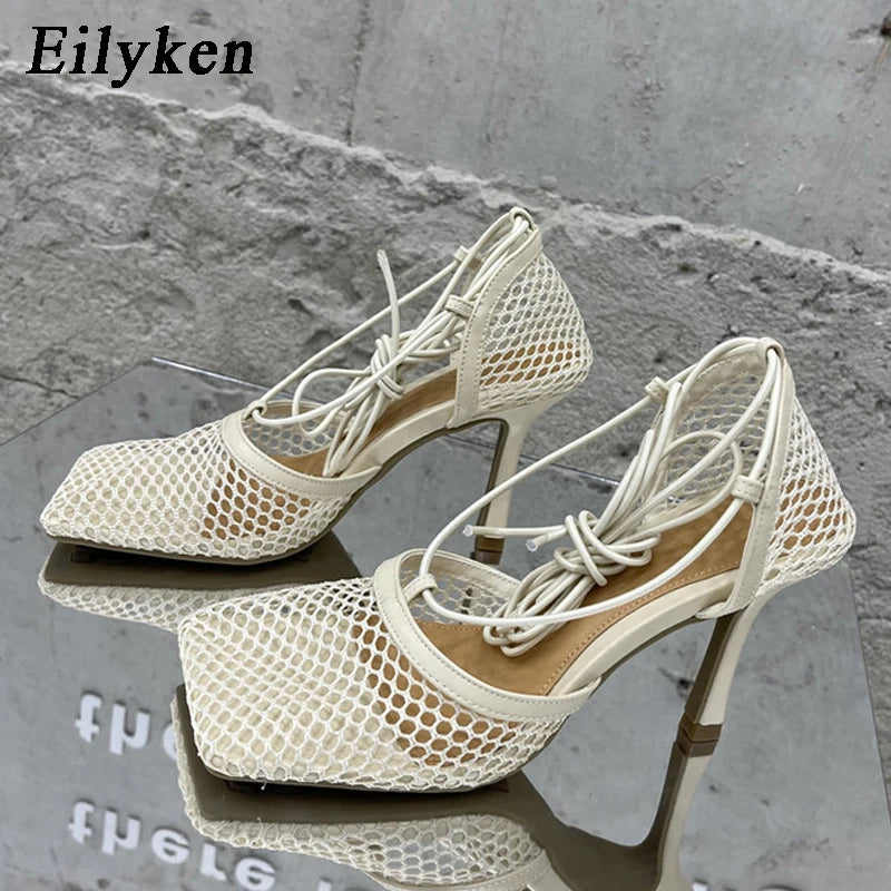 Mesh Lace-Up Square-Toe Heels - Women's Party Sandals in vibrant green color with lace-up design.