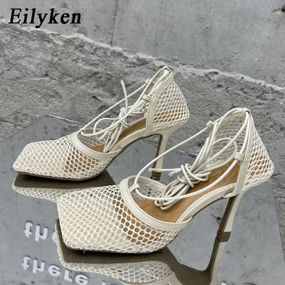 Mesh Lace-Up Square-Toe Heels - Women's Party Sandals in vibrant green color with lace-up design.