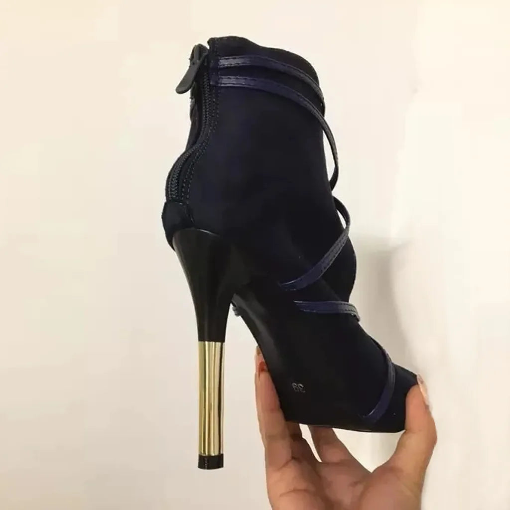 Open-Toe Lace-Up Ankle Heel Boots - Women's Dress Shoes for Weddings in navy faux suede with high heel design.