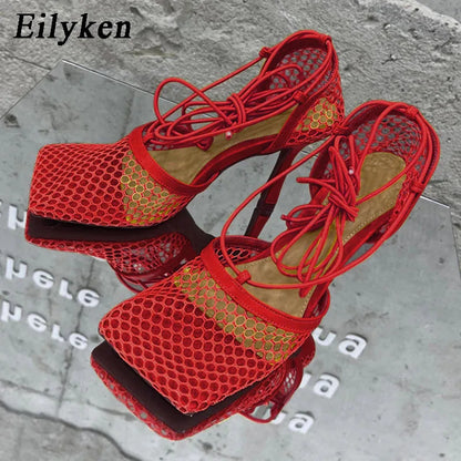Mesh Lace-Up Square-Toe Heels - Women's Party Sandals in vibrant green color with lace-up design.