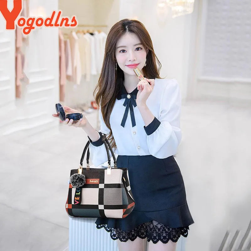 Plaid Patchwork Satchel Bag - Women's Luxury PU Leather Shoulder & Messenger Tote Handbags The