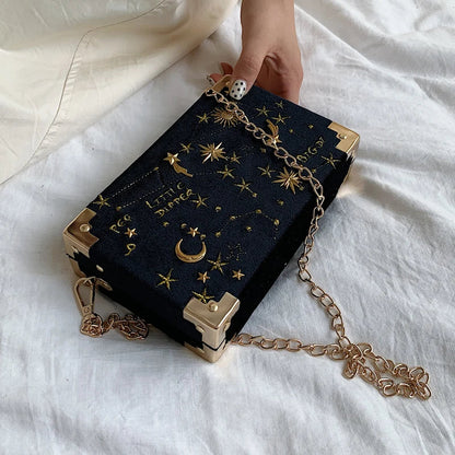 Embroidered Box Clutch Bag - Women's Chain Crossbody Evening Purse Handbags The