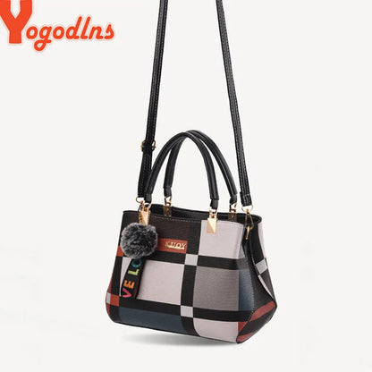 Plaid Patchwork Satchel Bag - Women's Luxury PU Leather Shoulder & Messenger Tote Handbags The