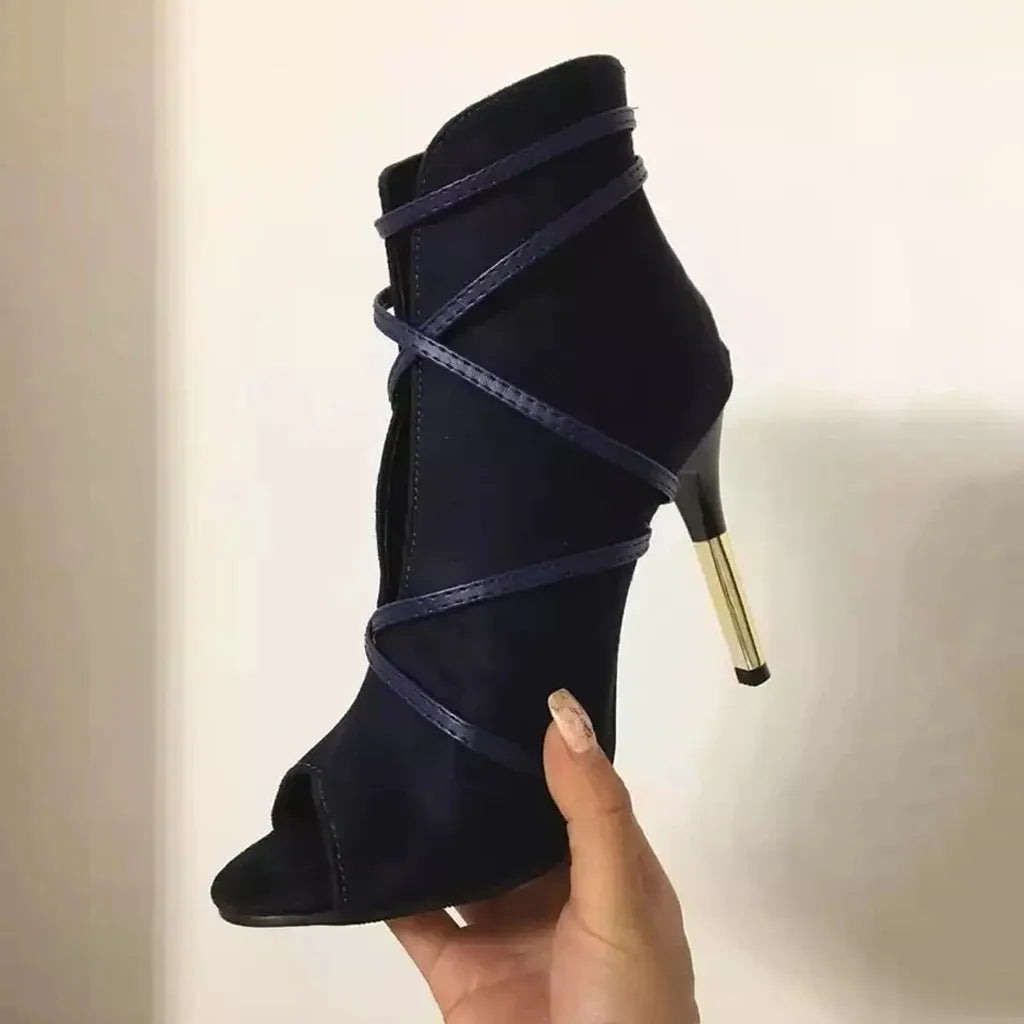 Open-Toe Lace-Up Ankle Heel Boots - Women's Dress Shoes for Weddings in navy faux suede with high heel design.