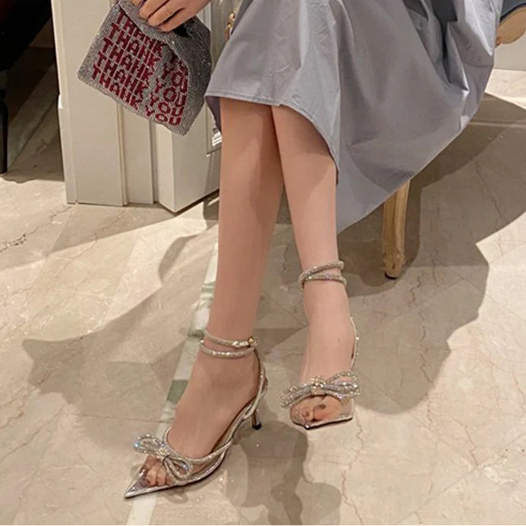Crystal Butterfly Bow Pointed-Toe Pumps - Women's Party Heels Handbags The
