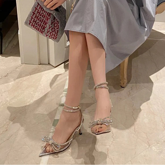 Crystal Butterfly Bow Pointed-Toe Pumps - Women's Party Heels Handbags The