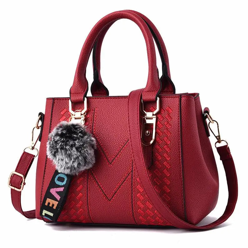 Embroidered Satchel Handbag - Women's PU Leather Messenger Bag with Pom Charm Handbags The