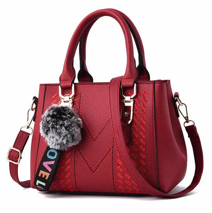 Embroidered Satchel Handbag - Women's PU Leather Messenger Bag with Pom Charm Handbags The