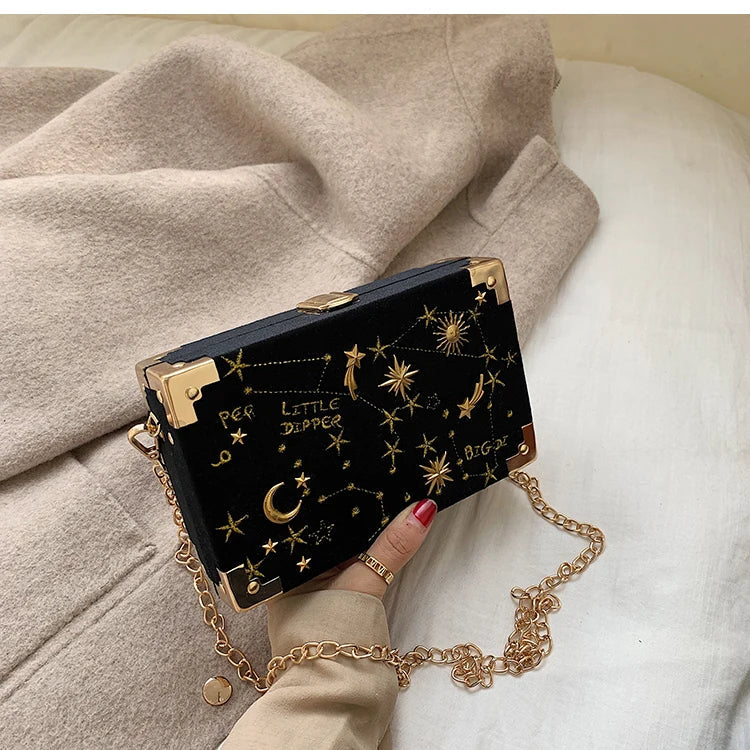 Embroidered Box Clutch Bag - Women's Chain Crossbody Evening Purse Handbags The