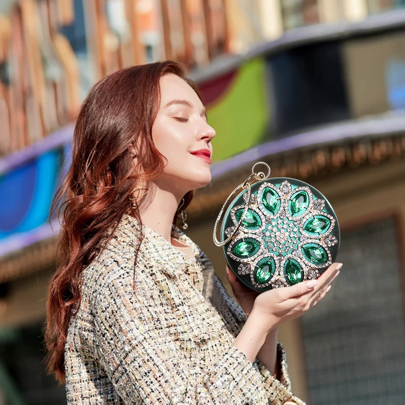 Crystal Round Clutch Bag - Women's Chain Wedding Evening Purse Handbags The