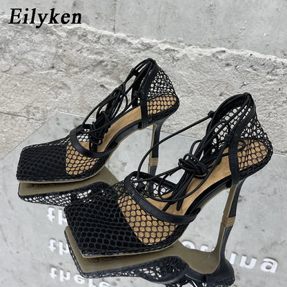 Mesh Lace-Up Square-Toe Heels - Women's Party Sandals in vibrant green color with lace-up design.