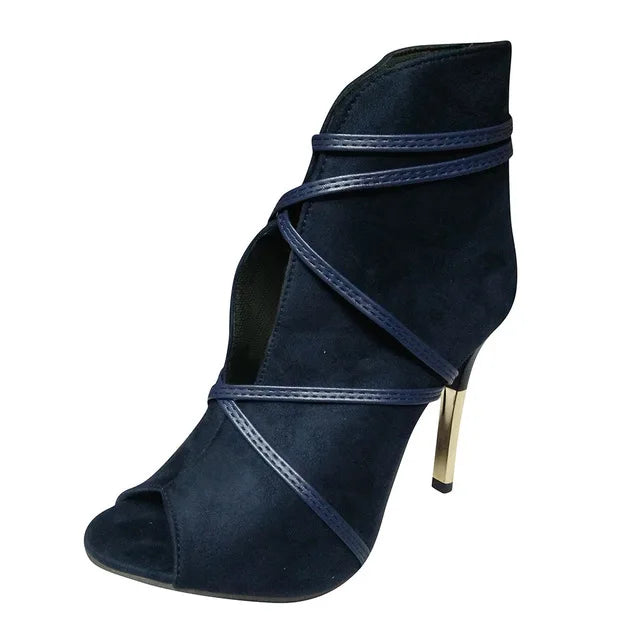 Open-Toe Lace-Up Ankle Heel Boots - Women's Dress Shoes for Weddings in navy faux suede with high heel design.