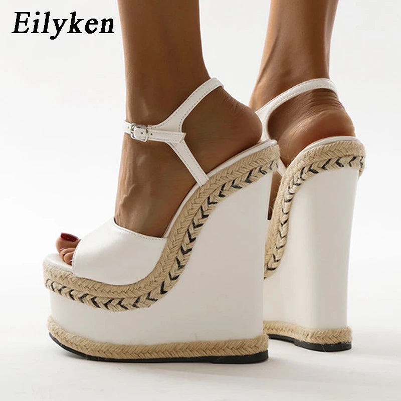 White Platform Wedge Sandals - Women's Open-Toe Dress Shoes, stylish white sandals with braided details and high platform.