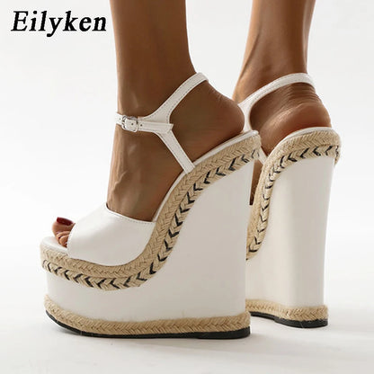 White Platform Wedge Sandals - Women's Open-Toe Dress Shoes, stylish white sandals with braided details and high platform.