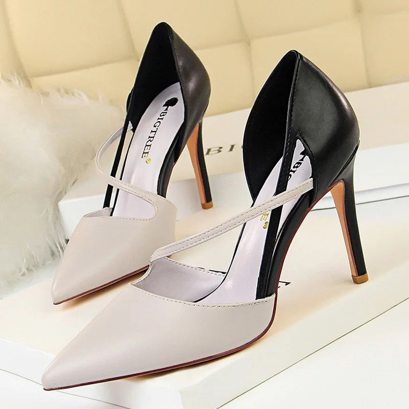 Pointed-Toe 9.5CM Stiletto Pumps - Women's Fashion Dress Heels in black and nude colors.