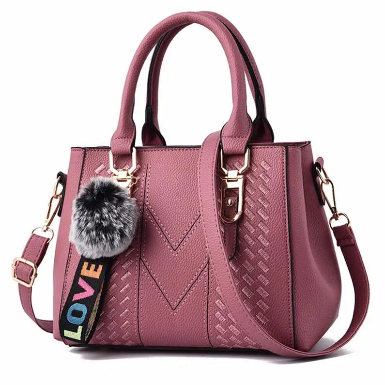 Embroidered Satchel Handbag - Women's PU Leather Messenger Bag with Pom Charm Handbags The