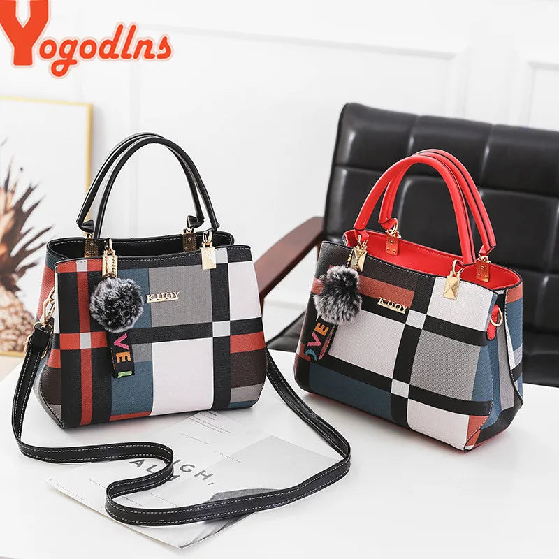 Plaid Patchwork Satchel Bag - Women's Luxury PU Leather Shoulder & Messenger Tote Handbags The