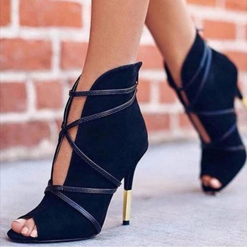 Open-Toe Lace-Up Ankle Heel Boots - Women's Dress Shoes for Weddings in navy faux suede with high heel design.