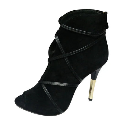 Open-Toe Lace-Up Ankle Heel Boots - Women's Dress Shoes for Weddings in navy faux suede with high heel design.