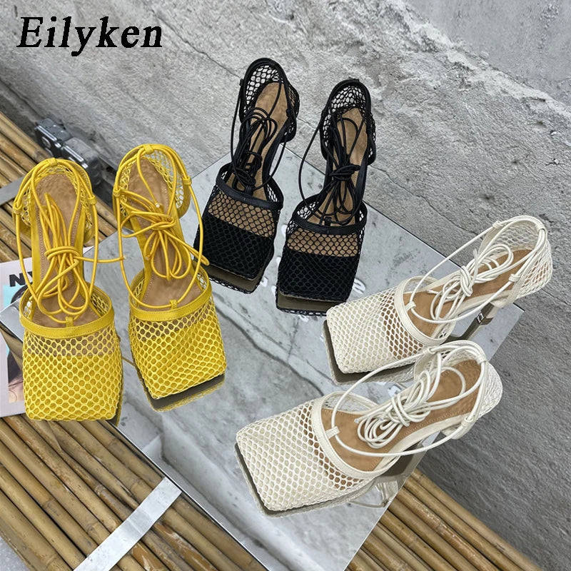 Mesh Lace-Up Square-Toe Heels - Women's Party Sandals in vibrant green color with lace-up design.