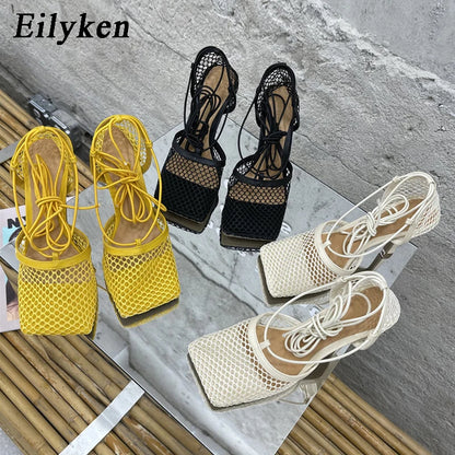 Mesh Lace-Up Square-Toe Heels - Women's Party Sandals in vibrant green color with lace-up design.