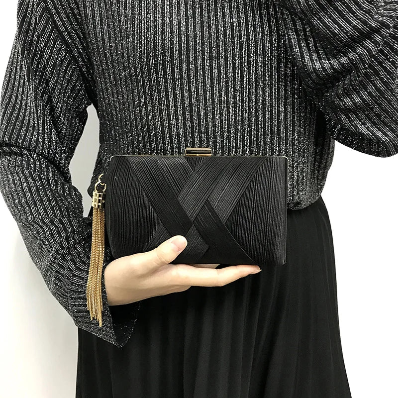 Metal Tassel Minaudiere Clutch - Women's Party Handbag with Chain Strap Handbags The