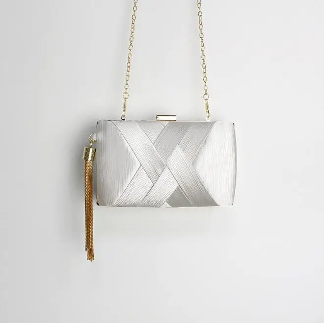 Metal Tassel Minaudiere Clutch - Women's Party Handbag with Chain Strap Handbags The