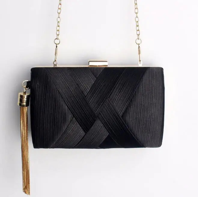 Metal Tassel Minaudiere Clutch - Women's Party Handbag with Chain Strap Handbags The