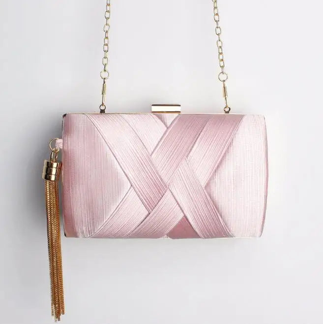 Metal Tassel Minaudiere Clutch - Women's Party Handbag with Chain Strap Handbags The