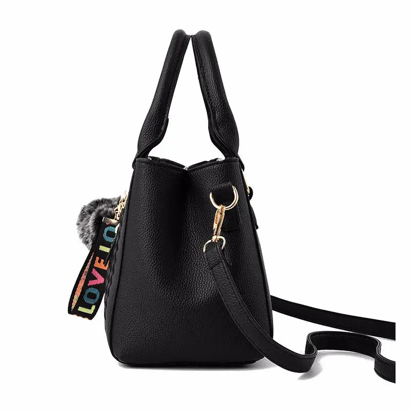 Embroidered Satchel Handbag - Women's PU Leather Messenger Bag with Pom Charm Handbags The