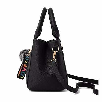 Embroidered Satchel Handbag - Women's PU Leather Messenger Bag with Pom Charm Handbags The