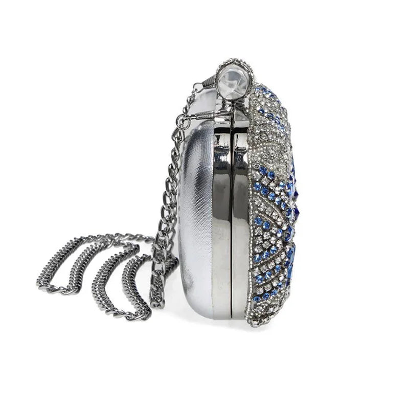 Blue Crystal Evening Clutch - Women's Chain Wedding Party Purse Handbags The