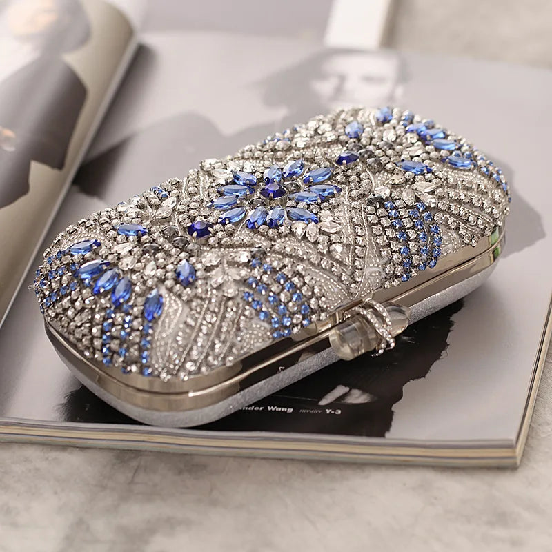 Blue Crystal Evening Clutch - Women's Chain Wedding Party Purse Handbags The