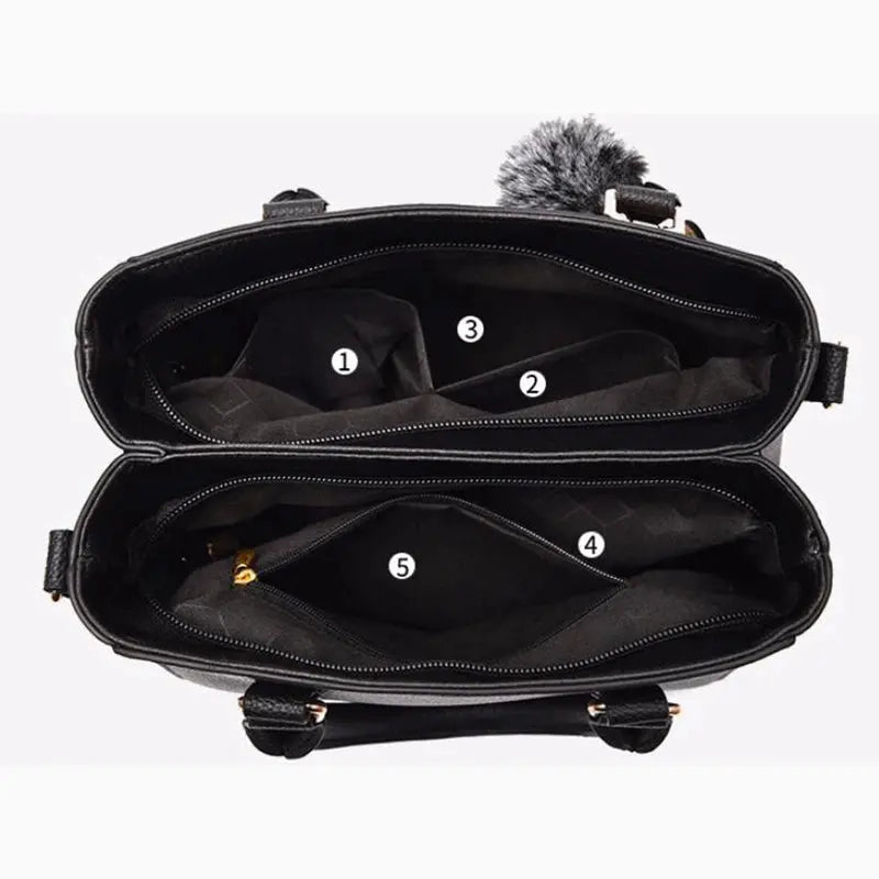 Embroidered Satchel Handbag - Women's PU Leather Messenger Bag with Pom Charm Handbags The