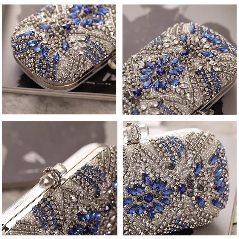 Blue Crystal Evening Clutch - Women's Chain Wedding Party Purse Handbags The