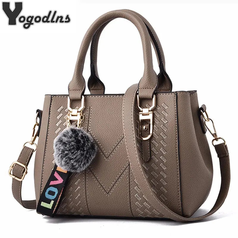 Embroidered Satchel Handbag - Women's PU Leather Messenger Bag with Pom Charm Handbags The