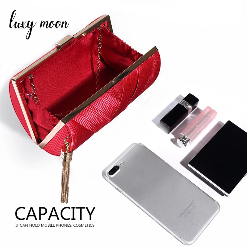 Metal Tassel Minaudiere Clutch - Women's Party Handbag with Chain Strap Handbags The