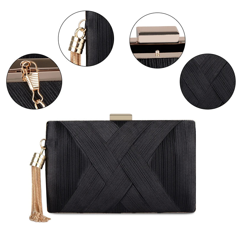 Metal Tassel Minaudiere Clutch - Women's Party Handbag with Chain Strap Handbags The